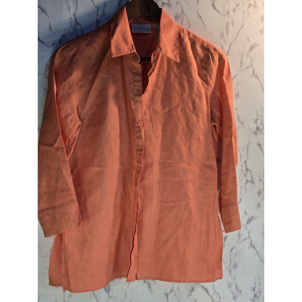 Liz Claiborne Women's Small Coral 100% Linen 3/4 Sleeve Button Blouse